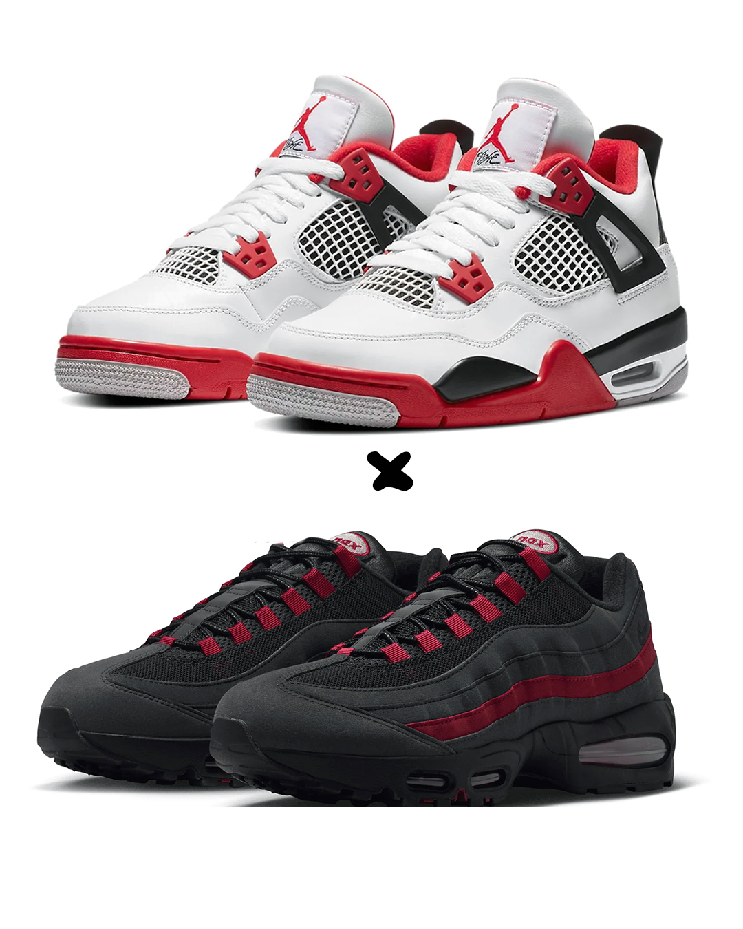 Nike Air Jordan 4 Retro "Fire Red" X. Nike Air Max 95 OG Big Bubble “Black Crimson Grey”